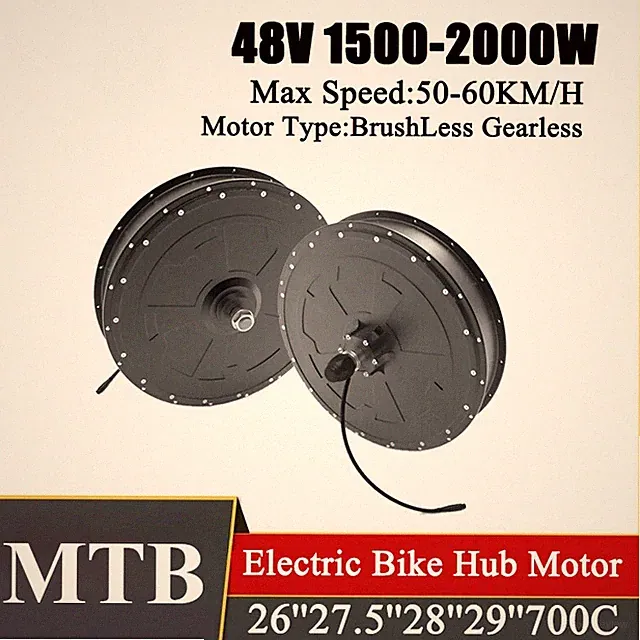 2000W Mountain Electric Bike Brushless Gearless Rear Hub Motor 26-29Inch 700C
